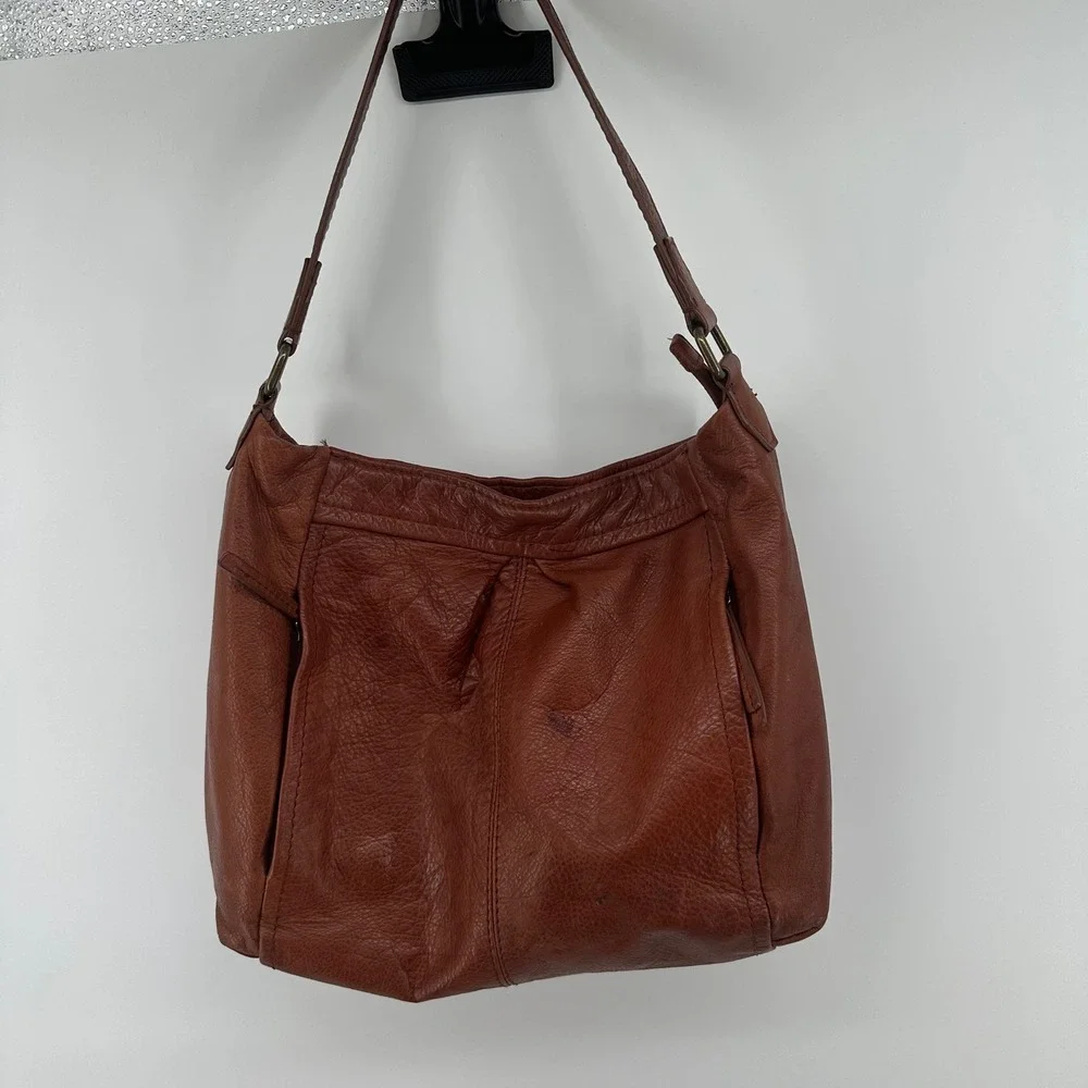American Leather Co Austin Cognac Brown Pebbled Leather Hobo Shoulder Bag Zipper